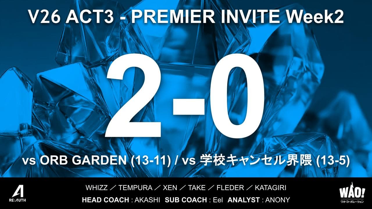 【Week2】PREMIER INVITE V26 ACT3 試合結果のご報告